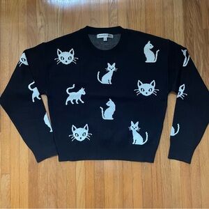 Madden Girl Black and White Kitten Cat Printed Crew Neck Sweater Size Medium